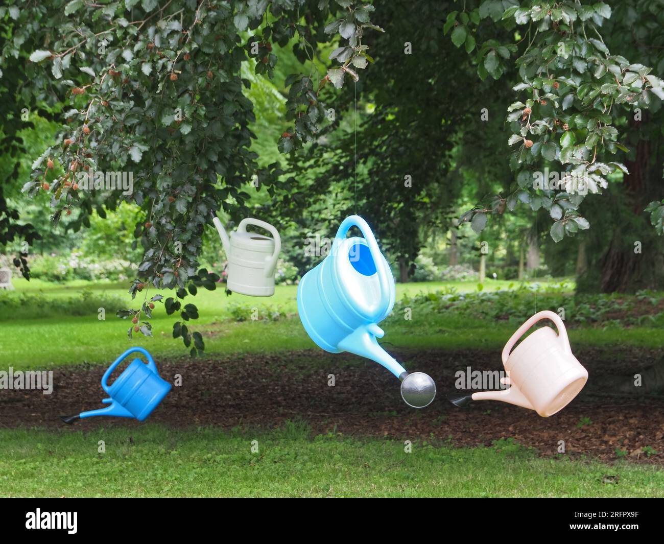 innaffiare lattine pendono da un albero sopra un prato per simboleggiare la scarsità d'acqua Foto Stock