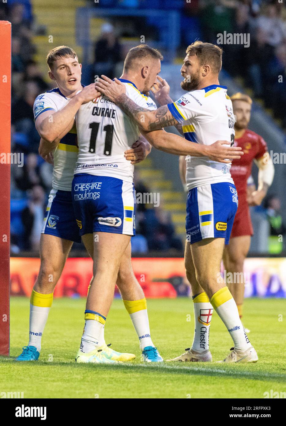 Warrington, Cheshire, Inghilterra 4 agosto 2023. Warrington Wolves celebra la meta di Ben Currie durante, Warrington Wolves V Catalans Dragons presso lo stadio Halliwell Jones, la Betfred Super League, Warrington (Credit Image: ©Cody Froggatt/Alamy live news) Foto Stock