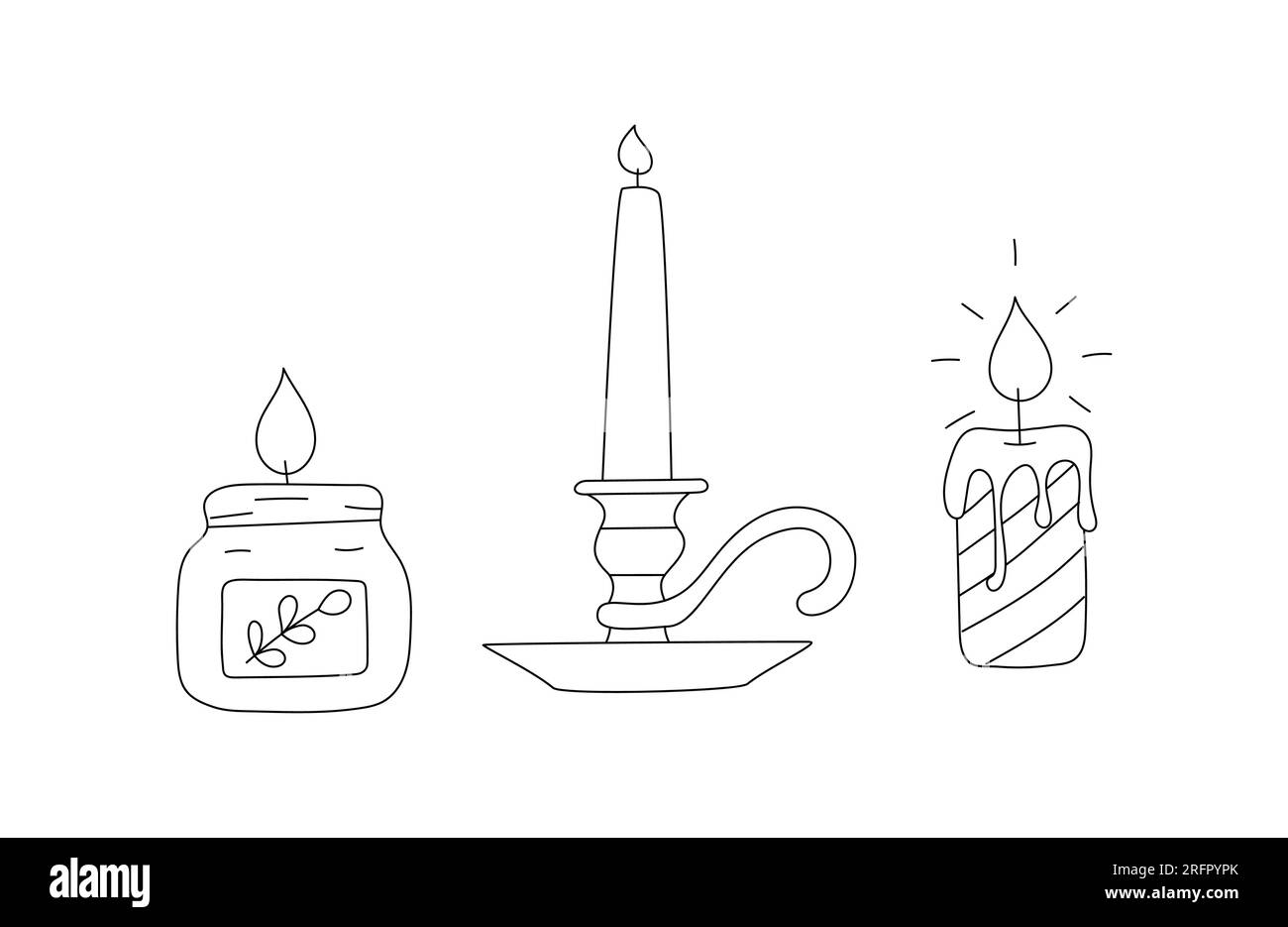 Delinea le candele di cera per la combustione dei doodle nel portacandele, barattolo. Un simbolo di celebrazione, religione, illuminazione al buio, lettura, studio, apprendimento. Nero Illustrazione Vettoriale