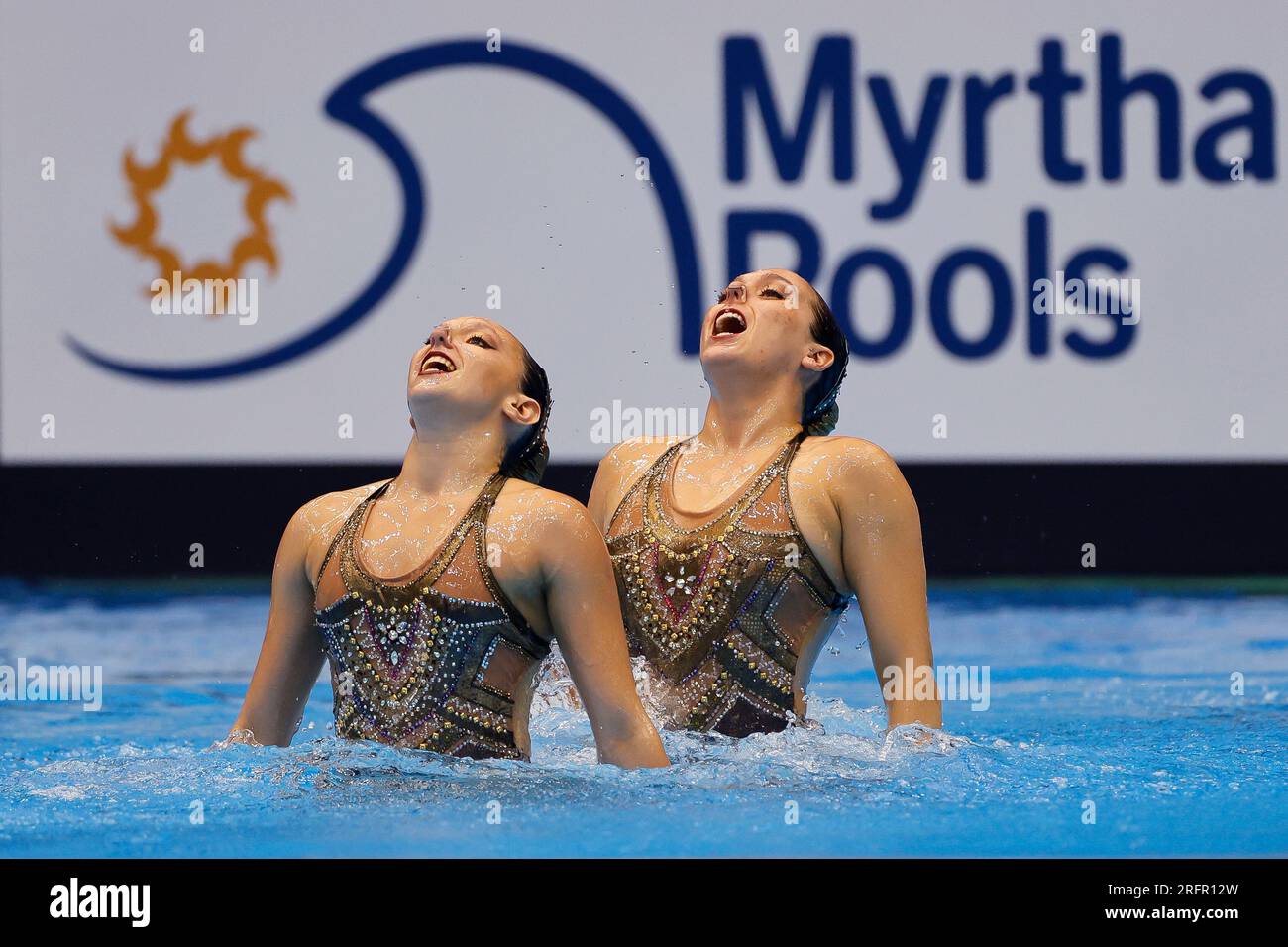 Fukuoka, Giappone. 14 luglio 2023: Rocio Vargas Paris e Isidora Letelier Martinez del Cile gareggiano nel Women Duet Technical il primo giorno durante i Campionati mondiali di acquari di Fukuoka 2023 alla Marine Messe Fukuoka Hall B a Fukuoka, Giappone. 14 luglio 2023. (Foto di Nikola Krstic/Alamy) Foto Stock