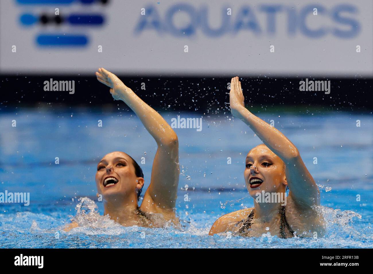 Fukuoka, Giappone. 14 luglio 2023: Rocio Vargas Paris e Isidora Letelier Martinez del Cile gareggiano nel Women Duet Technical il primo giorno durante i Campionati mondiali di acquari di Fukuoka 2023 alla Marine Messe Fukuoka Hall B a Fukuoka, Giappone. 14 luglio 2023. (Foto di Nikola Krstic/Alamy) Foto Stock