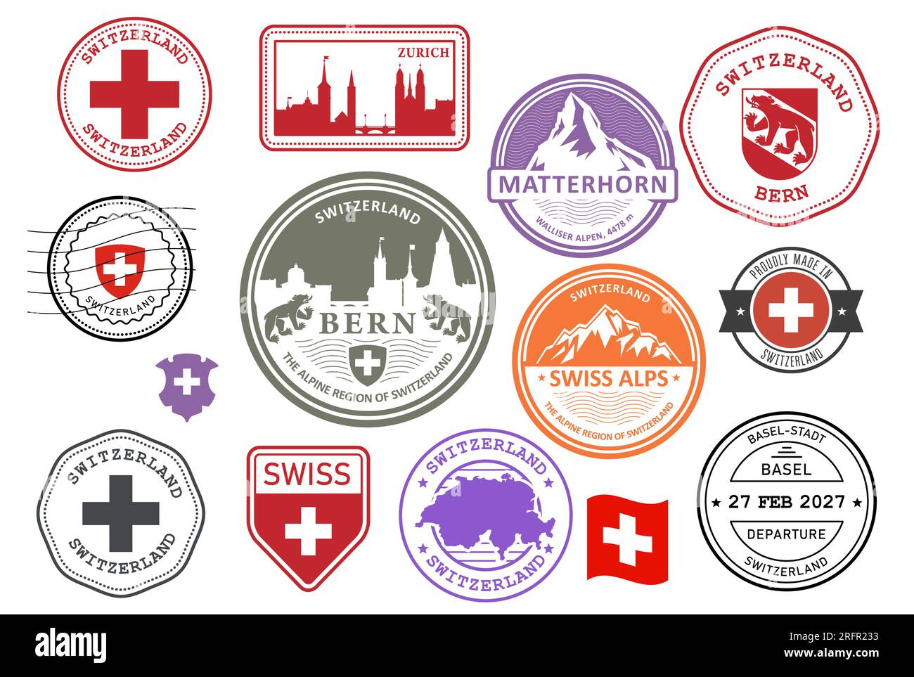 Set di francobolli in gomma per Svizzera e Alpi, badge per città svizzere, etichette e simboli, emblemi e bandiere, vettore Illustrazione Vettoriale
