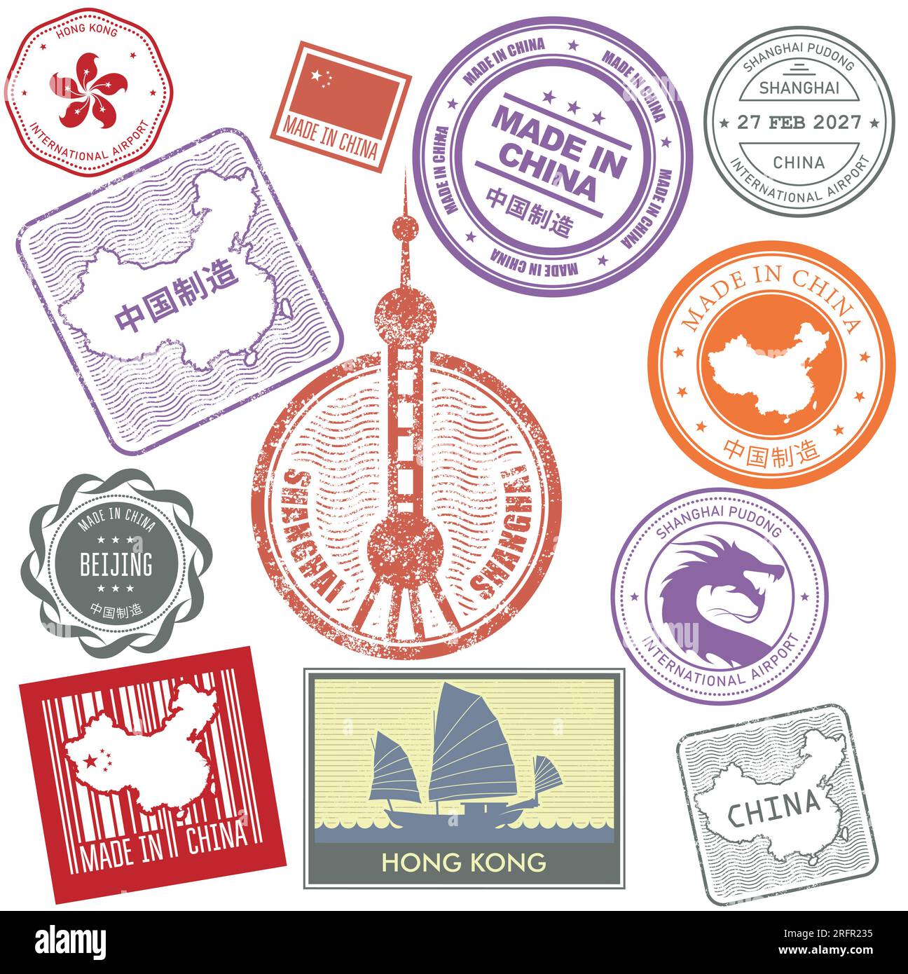 Set di francobolli postali cinesi, badge di bandiera, stampe di etichette con simboli cinesi e emblema di hong kong, vettore Illustrazione Vettoriale