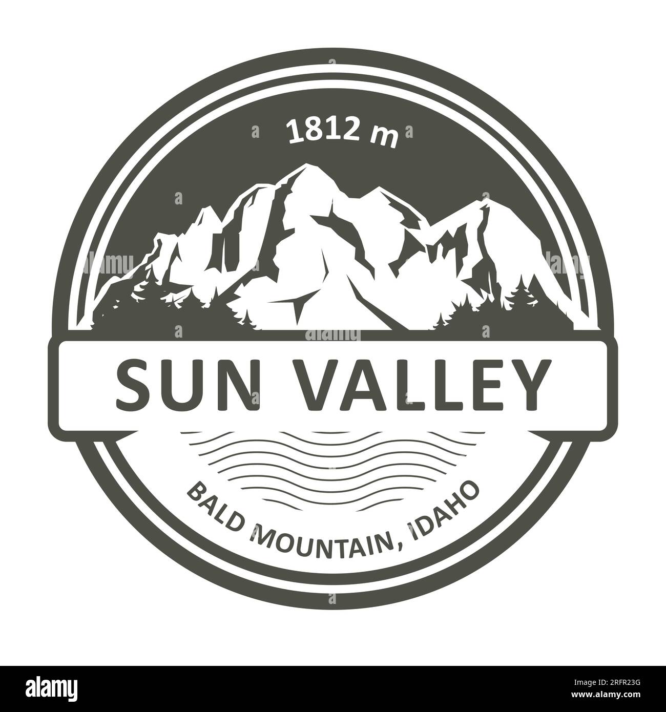 Timbro della Sun Valley nello stato dell'Idaho, emblema con la vetta della Bald Mountain, stazione sciistica, vettore Illustrazione Vettoriale