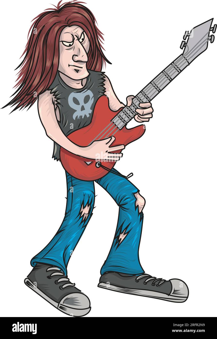 rock star che suona la chitarra, heavy metal. personaggio dei cartoni animati Illustrazione Vettoriale