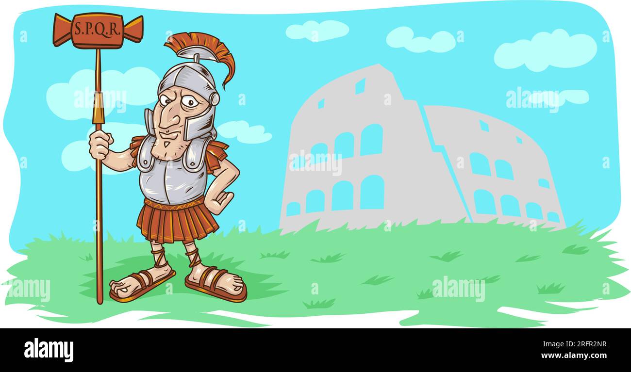 Cartone animato Roman Centurion sullo sfondo. illustrazione vettoriale Illustrazione Vettoriale