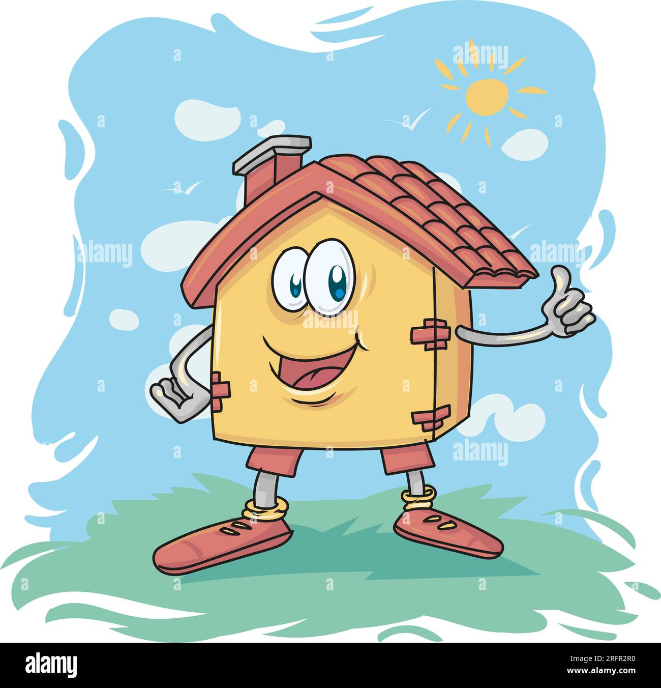 Il personaggio di House Cartoon sullo sfondo del cielo Illustrazione Vettoriale