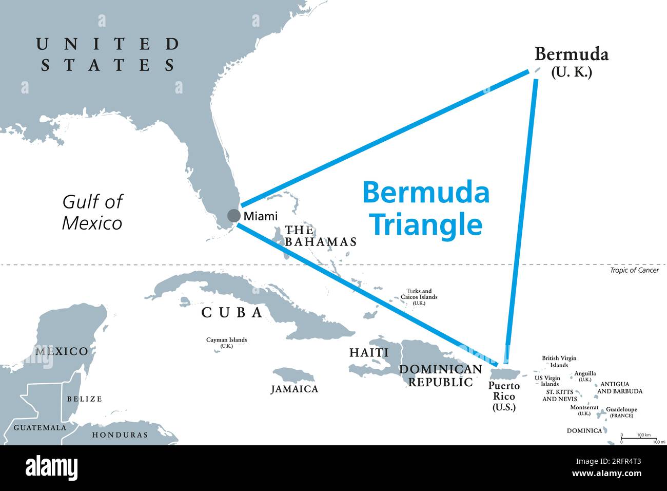 Il Triangolo delle Bermuda o Triangolo dei Diavoli, mappa politica grigia. Regione nell'Oceano Atlantico settentrionale tra Bermuda, Miami e Porto Rico. Foto Stock
