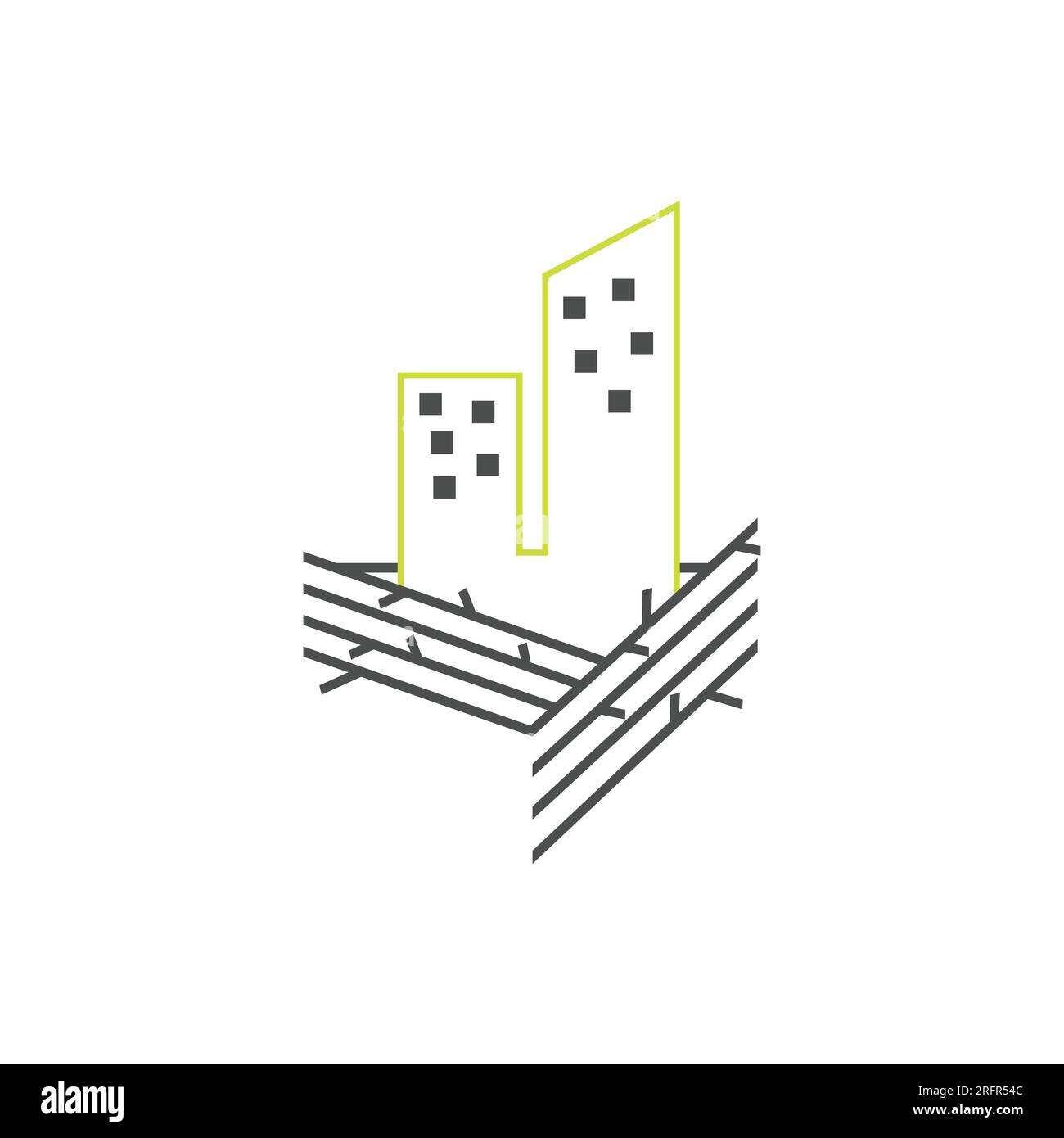 Illustrazione nido con disegno linea città, logo del simbolo birdhouse Vector. Concetto di design del logo creativo urbano urbano Illustrazione Vettoriale