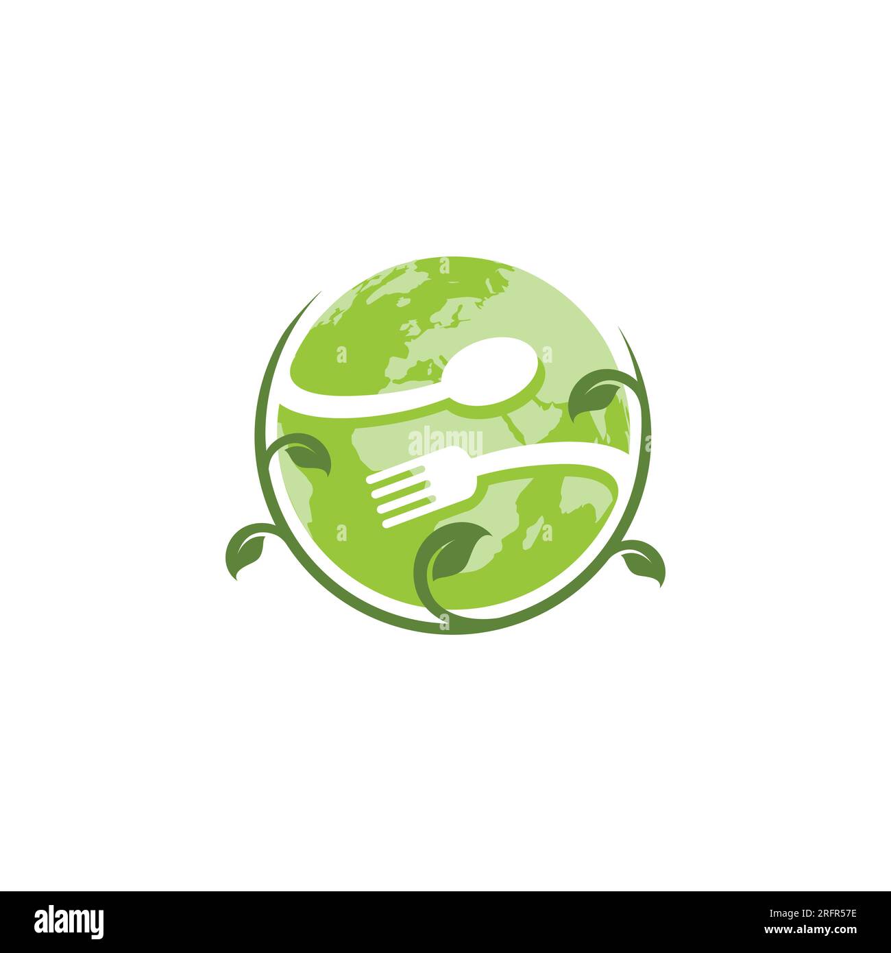 Icona del logo del mondo vegano vegetariano con immagine vettoriale del globo. Icona ecologica del badge vegano a base vegetale. Simbolo vegetariano adatto logo foglia pianta segno. Illustrazione Vettoriale