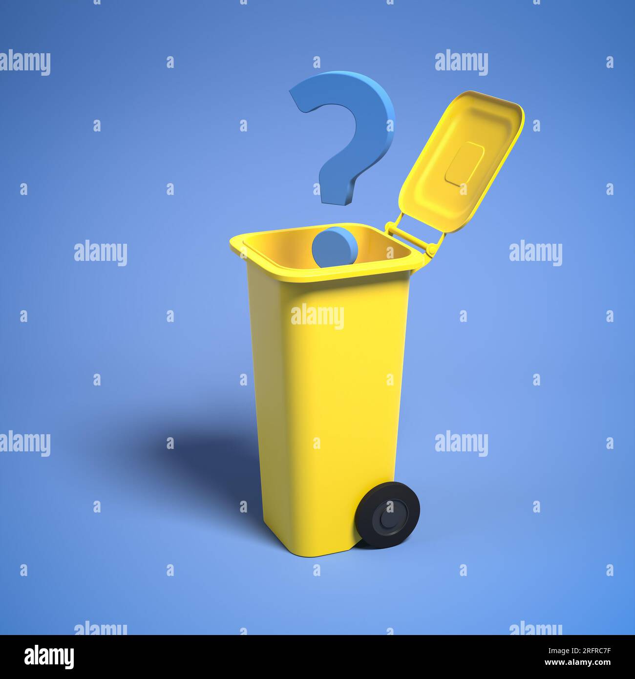 Concetto di separazione dei rifiuti: Un cestino giallo aperto con un punto interrogativo su sfondo blu senza cuciture Foto Stock