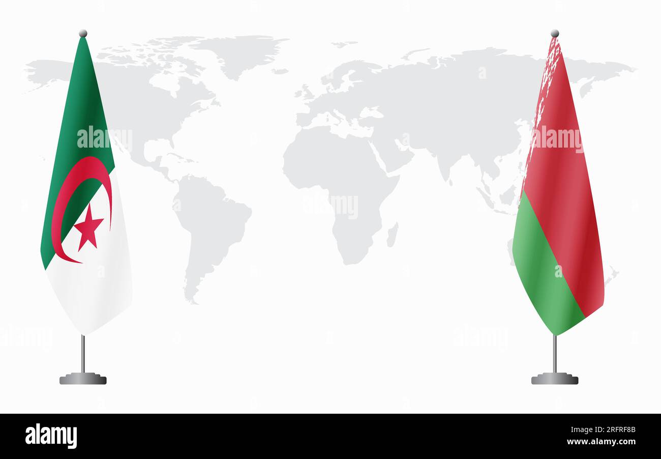 Algeria e bandiere bielorusse per riunioni ufficiali sullo sfondo della mappa mondiale. Illustrazione Vettoriale