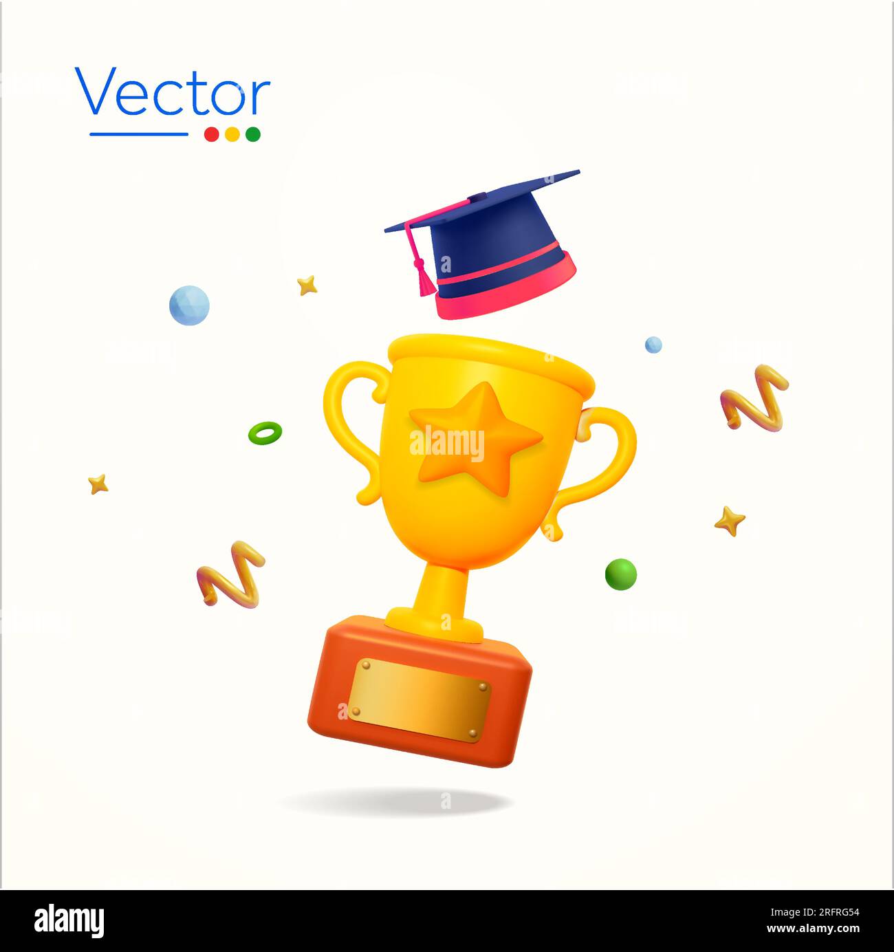 trofeo d'oro 3d con icona a stella, cappello o cappello di graduazione, effetto coriandoli, isolato su sfondo bianco. Concetto di banner del concorso accademico, celebrazione di laurea, illustrazione vettoriale del campione. Illustrazione vettoriale Illustrazione Vettoriale