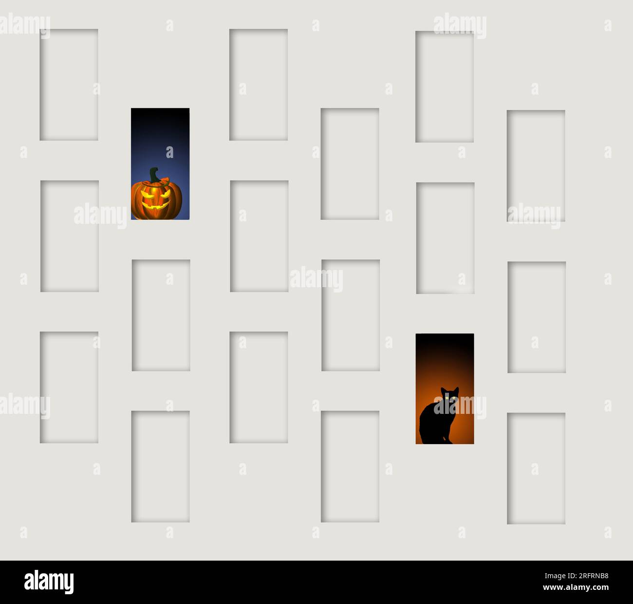 Un jack-o-lantern e un gatto nero sono visibili sui davanzali di molte finestre vuote intorno a loro in un'illustrazione minimalista in 3D. Foto Stock