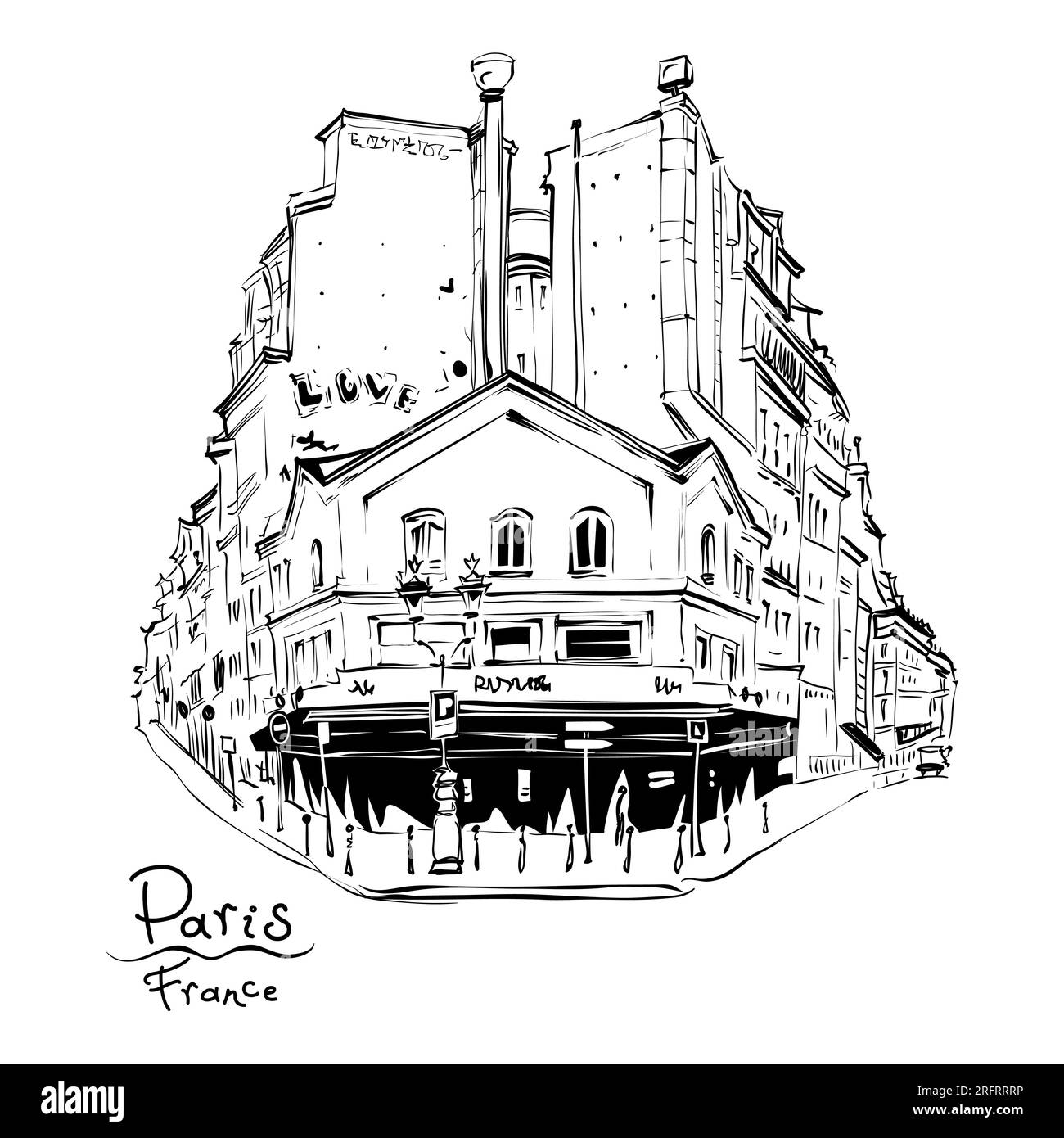 Vettore di disegno a mano. Tipica casa parisain con cafe, Parigi, Francia. Illustrazione Vettoriale