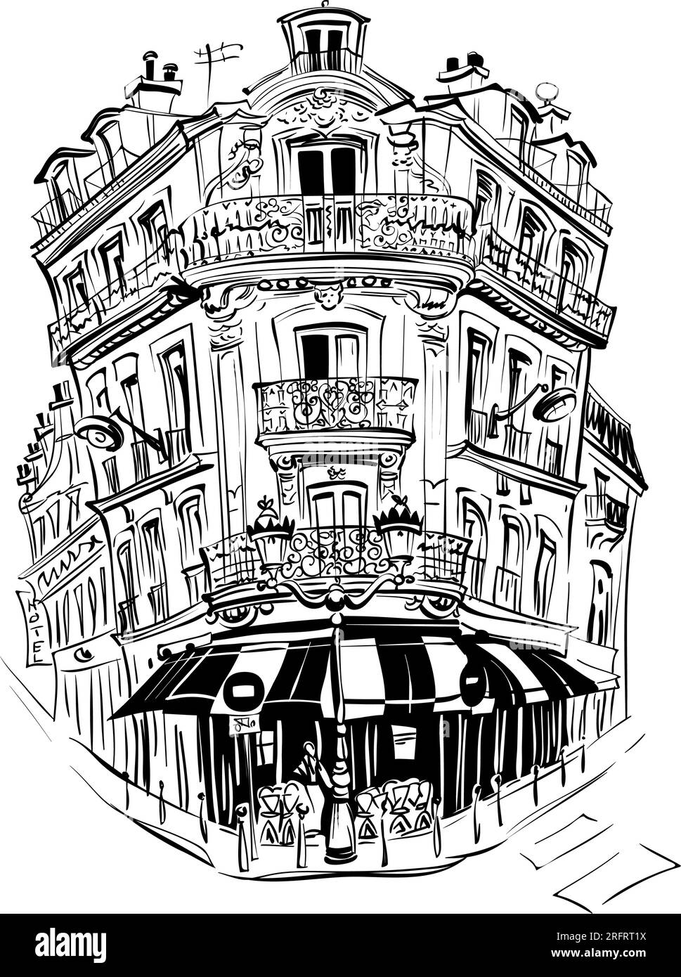 Disegno manuale vettoriale. Tipica casa di parisain con caffè e lanterne, Parigi, Francia. Illustrazione Vettoriale