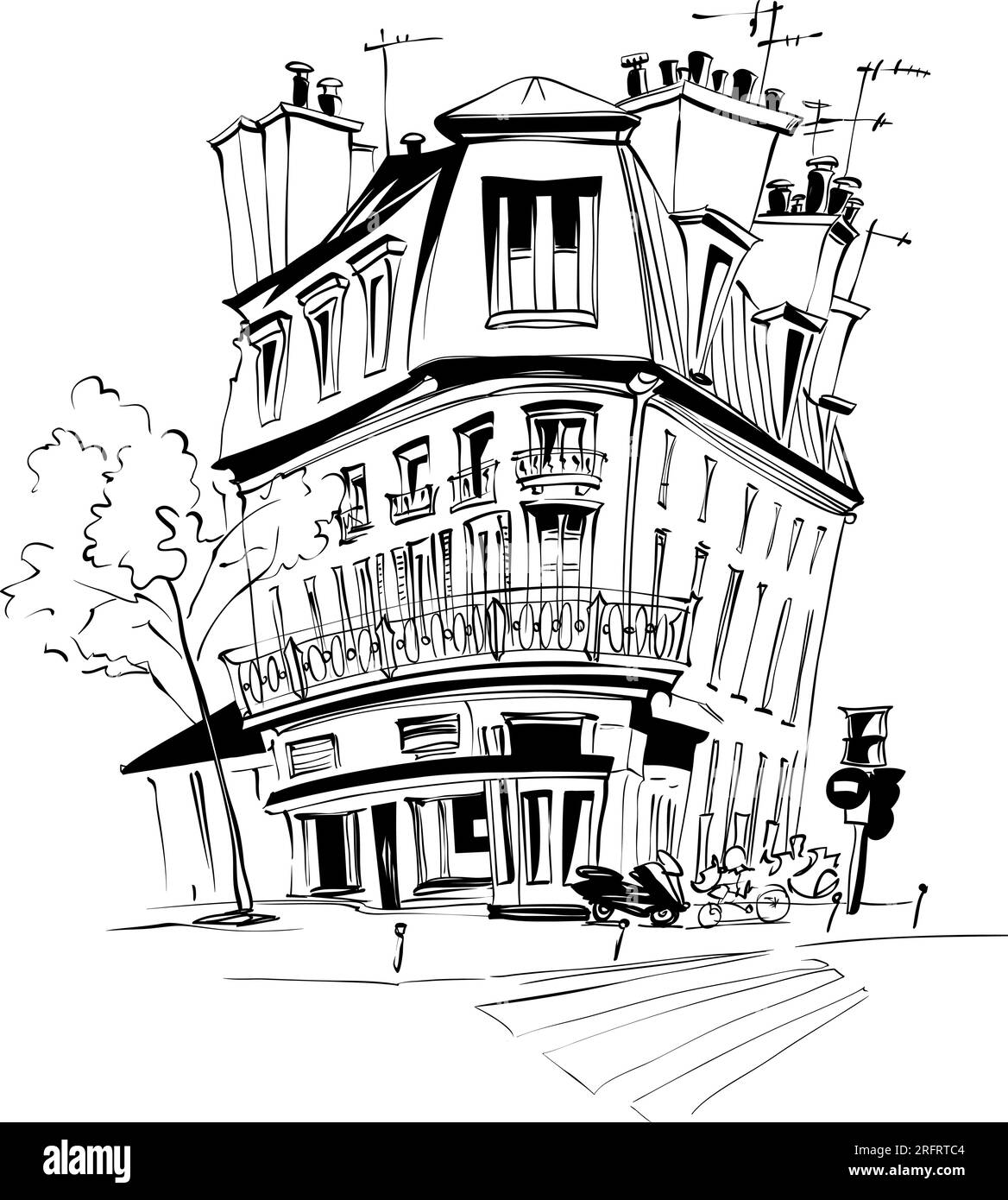 Disegno manuale vettoriale. Tipica casa di parisain con caffè e lanterne, Parigi, Francia. Illustrazione Vettoriale