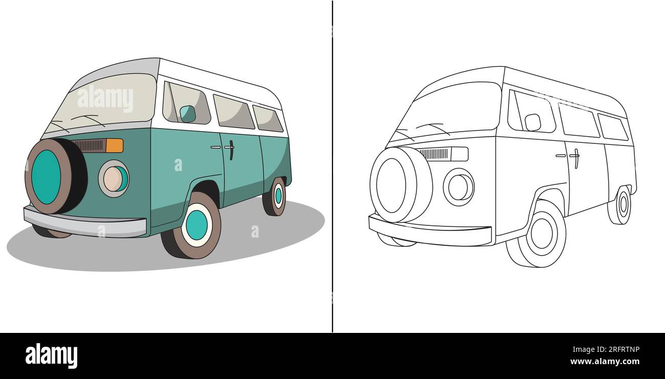 Pagina da colorare di un camper standard. Divertimento assicurato per i bambini. Molto facile da colorare. Pagina da colorare per bambini. Clipart colorato Illustrazione Vettoriale