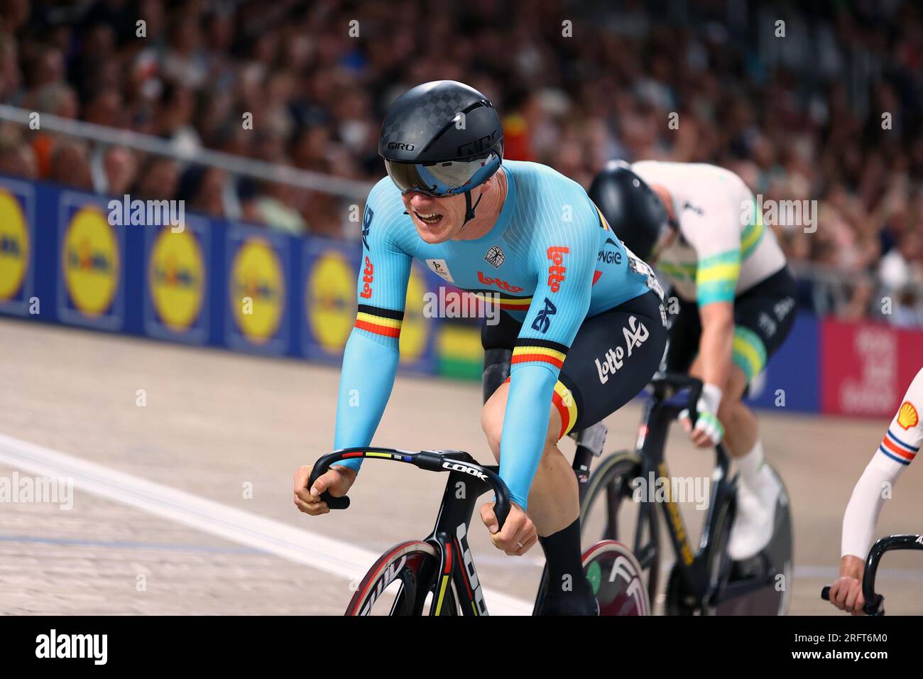 Glasgow, Regno Unito. 5 agosto 2023. Il belga Ewoud Vromant raffigurato in azione durante la gara maschile C2 Scratch ai Campionati del mondo di ciclismo UCI, a Glasgow, in Scozia, sabato 05 agosto 2023. L'UCI organizza i mondi con tutte le discipline ciclistiche, ciclismo su strada, ciclismo al chiuso, mountain bike, corse BMX, Paracycling su strada e paracycling al coperto, a Glasgow dal 05 al 13 agosto. BELGA PHOTO DAVID PINTENS Credit: Belga News Agency/Alamy Live News Foto Stock