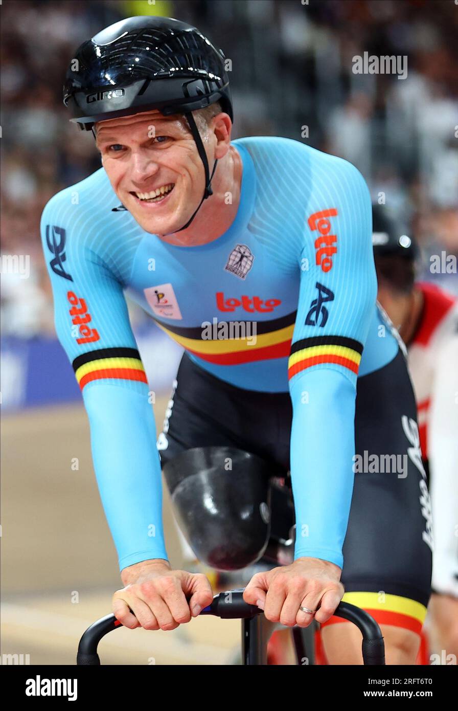 Glasgow, Regno Unito. 5 agosto 2023. Il belga Ewoud Vromant chiude al quarto posto nella gara maschile C2 Scratch ai Campionati del mondo di ciclismo UCI, a Glasgow, in Scozia, sabato 05 agosto 2023. L'UCI organizza i mondi con tutte le discipline ciclistiche, ciclismo su strada, ciclismo al chiuso, mountain bike, corse BMX, Paracycling su strada e paracycling al coperto, a Glasgow dal 05 al 13 agosto. BELGA PHOTO DAVID PINTENS Credit: Belga News Agency/Alamy Live News Foto Stock