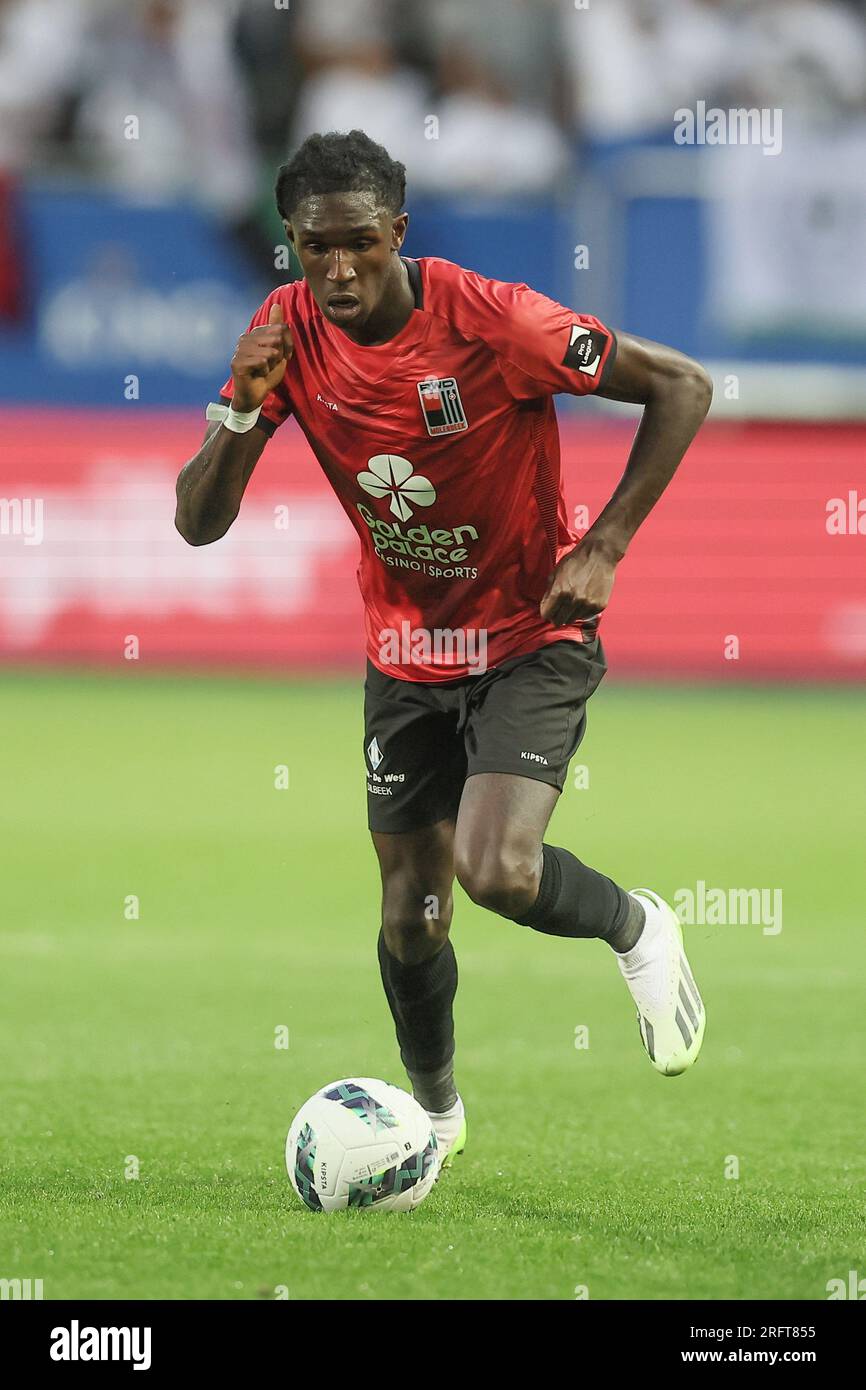 Lovanio, Belgio. 5 agosto 2023. Pierre Dwomoh di Rwdm raffigurato durante una partita di calcio tra OH Leuven e RWD Molenbeek, sabato 05 agosto 2023 a Lovanio, il giorno 2/30 della prima divisione del campionato belga "Jupiler Pro League" del 2023-2024. BELGA PHOTO BRUNO FAHY Credit: Belga News Agency/Alamy Live News Foto Stock