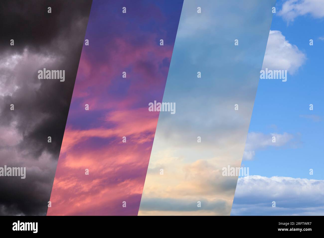 Foto del cielo in condizioni meteorologiche diverse, collage. Meteorologia, previsioni, cambiamenti climatici Foto Stock