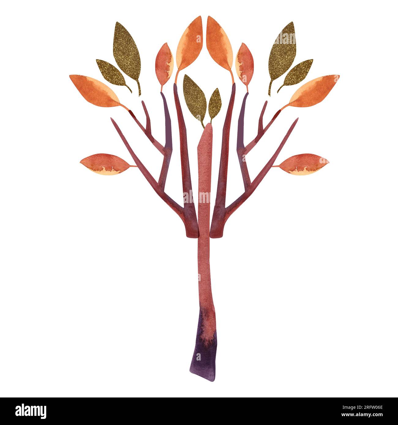 Acquerello albero autunnale con foglie d'arancio. Illustrazione isolata. Clipart. Illustrazione raster per imballaggio, biglietti d'auguri, carta da imballaggio, regali Foto Stock