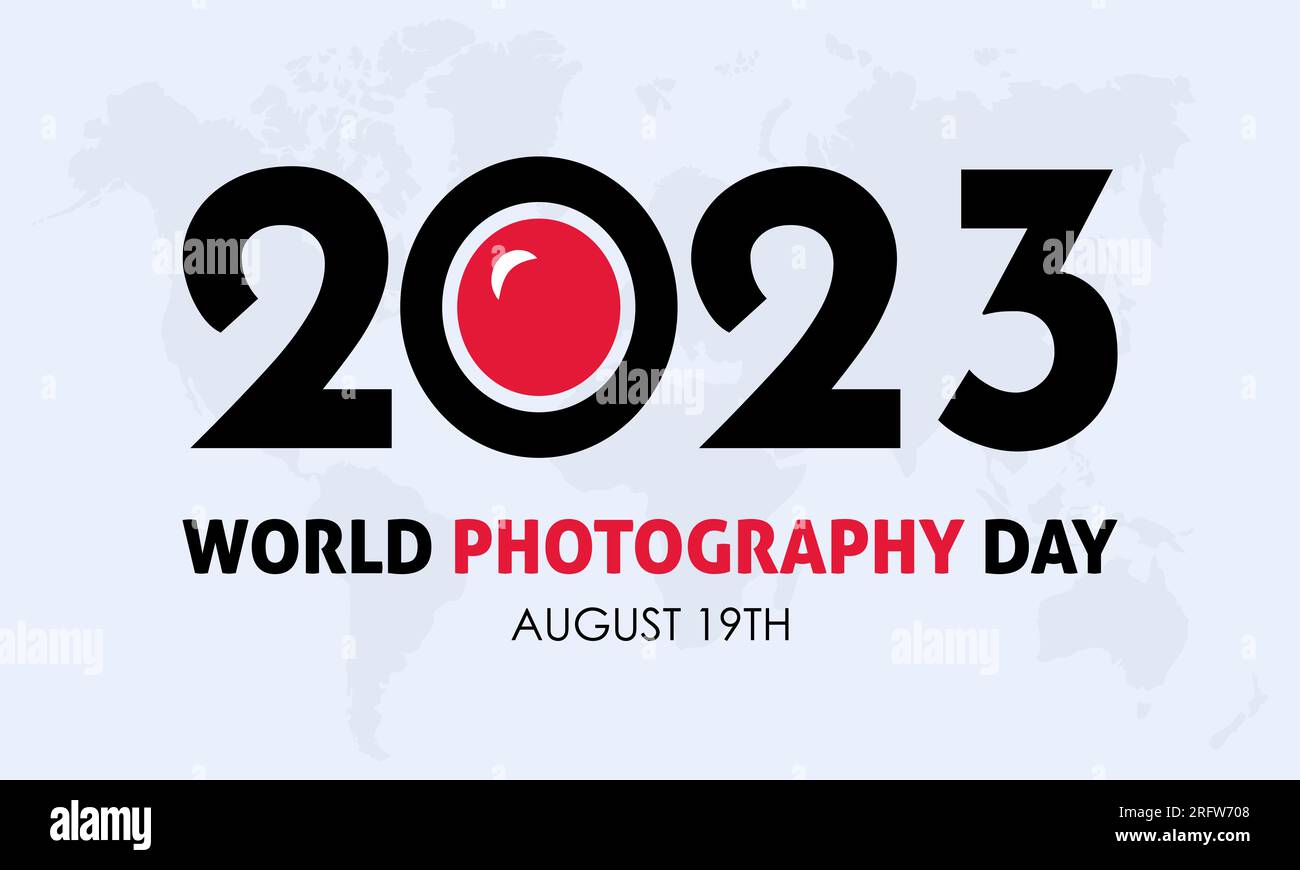 Illustrazione del design vettoriale della giornata mondiale della fotografia del 2023. concetto di fotografia mondiale per fotocamera, obiettivo, pellicola, media o viaggiatore Illustrazione Vettoriale