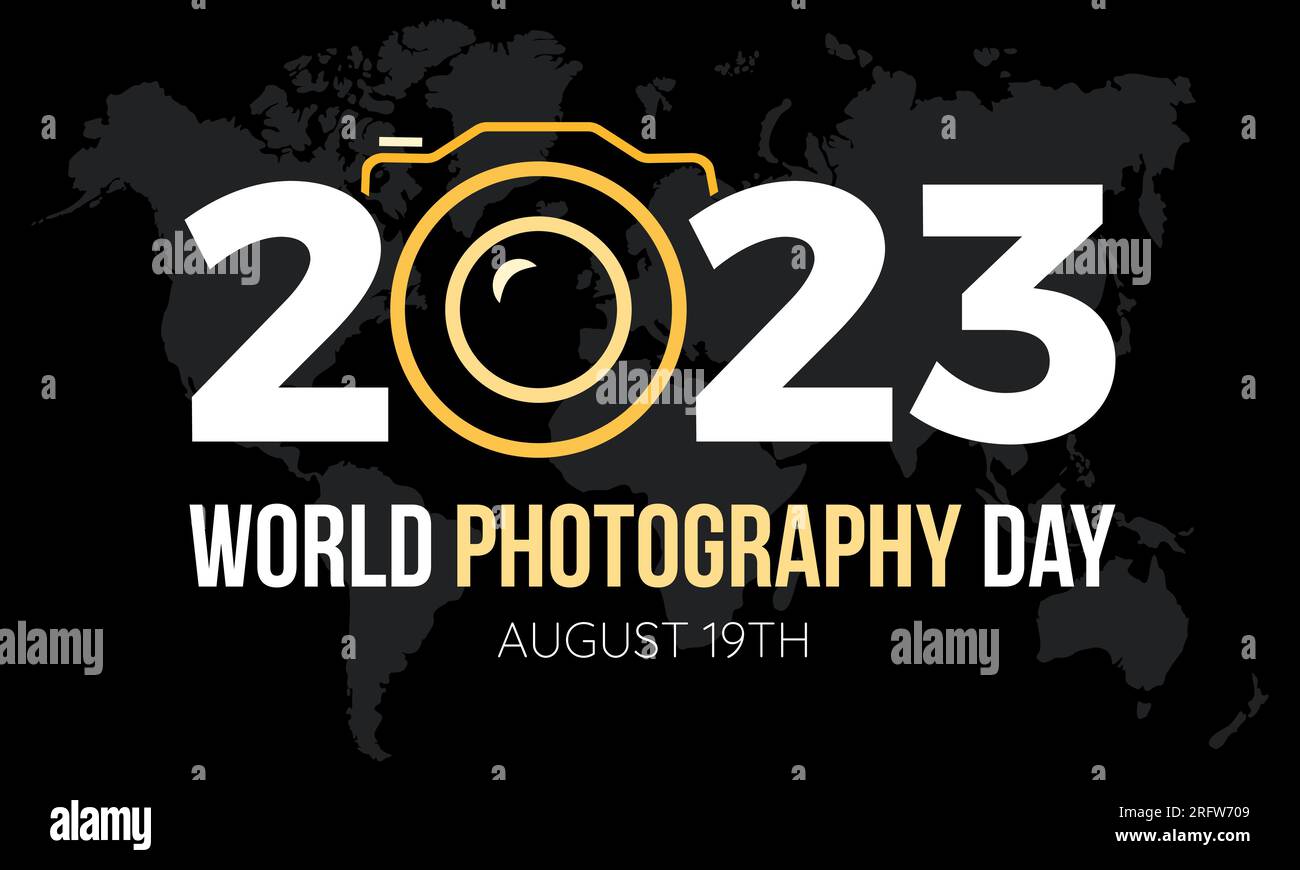 Illustrazione del design vettoriale della giornata mondiale della fotografia del 2023. concetto di fotografia mondiale per fotocamera, obiettivo, pellicola, media o viaggiatore Illustrazione Vettoriale
