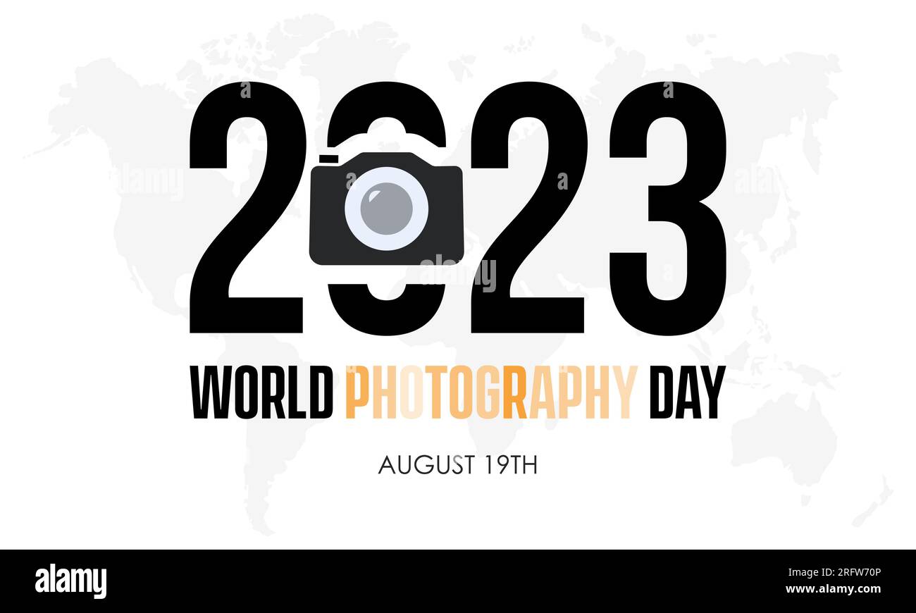 Illustrazione del design vettoriale della giornata mondiale della fotografia del 2023. concetto di fotografia mondiale per fotocamera, obiettivo, pellicola, media o viaggiatore Illustrazione Vettoriale