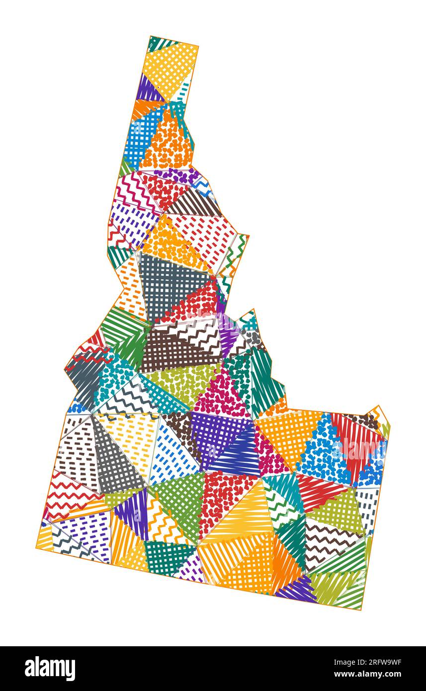 Mappa in stile bambini dell'Idaho. Poligoni disegnati a mano a forma di Idaho. Illustrazione vettoriale. Illustrazione Vettoriale