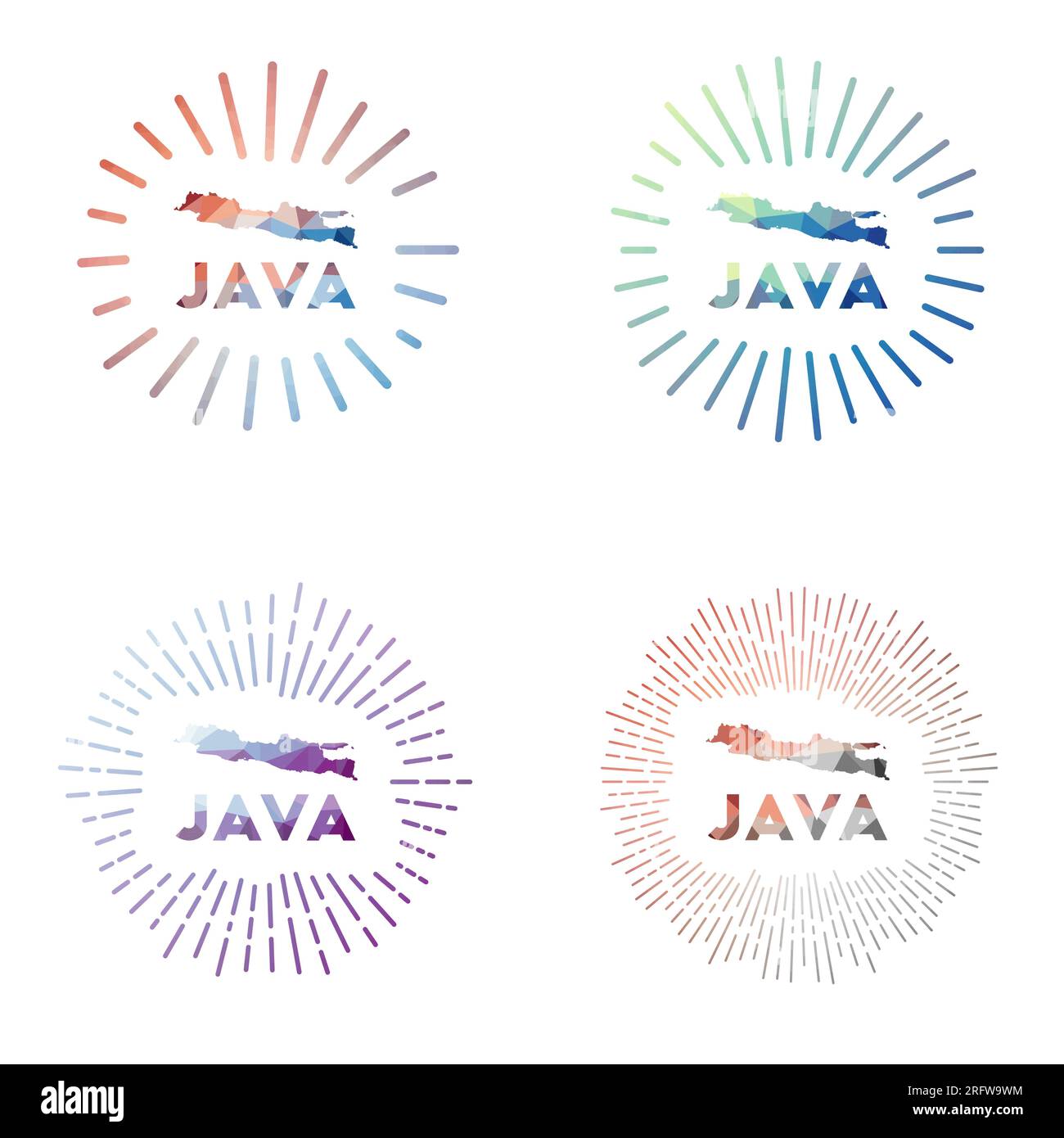 Set Java Sunburst a bassa poli. Logo dell'isola in stile poligonale geometrico. Illustrazione vettoriale. Illustrazione Vettoriale