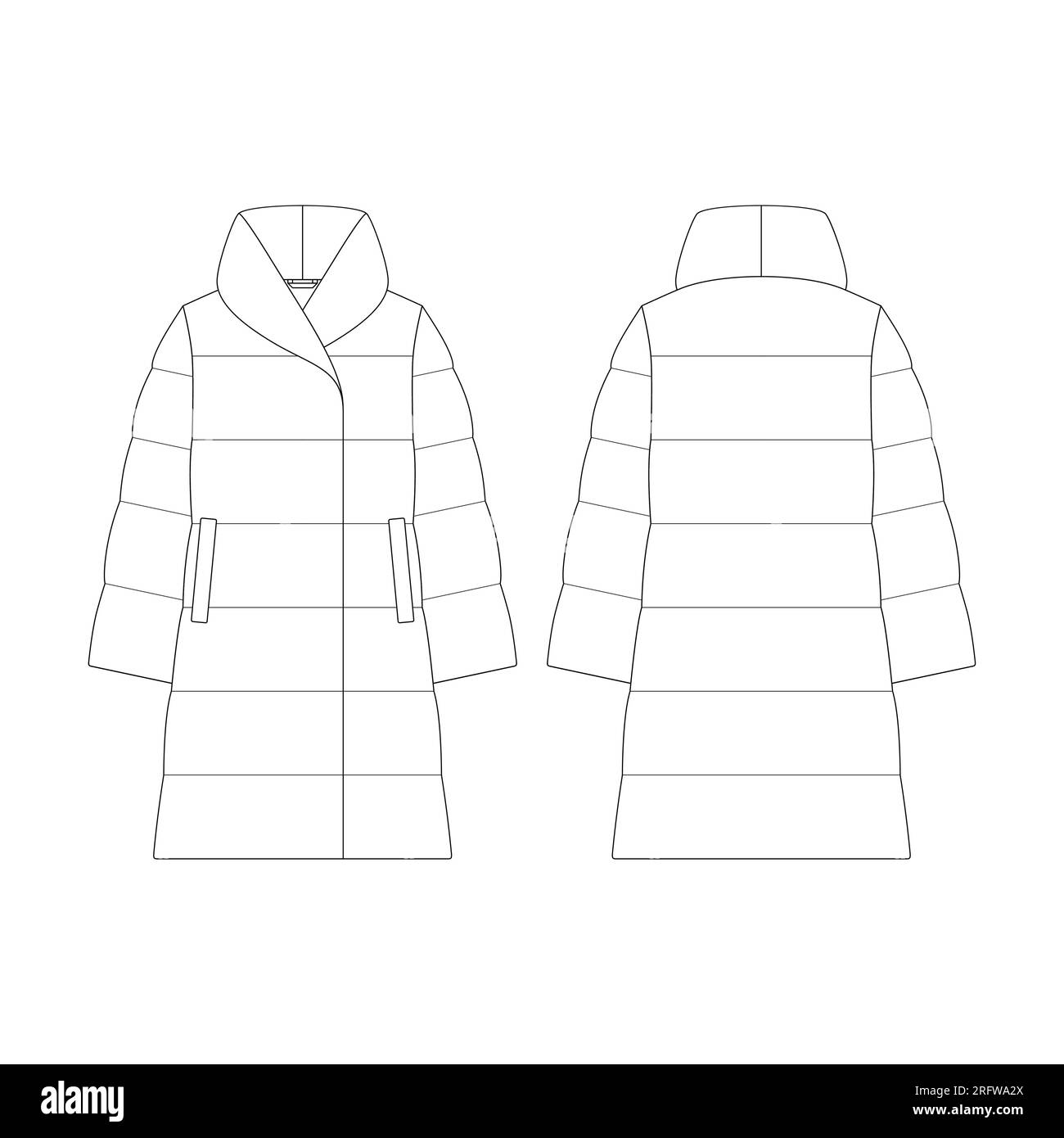 Modello donna in piuma a vista con disegno vettoriale, modello piatto, outerwear della collezione di abbigliamento Illustrazione Vettoriale