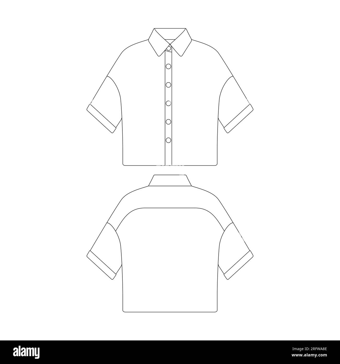 Modello camicia con bottone a manica corta donna disegno piatto con illustrazione vettoriale per la collezione di abbigliamento Illustrazione Vettoriale