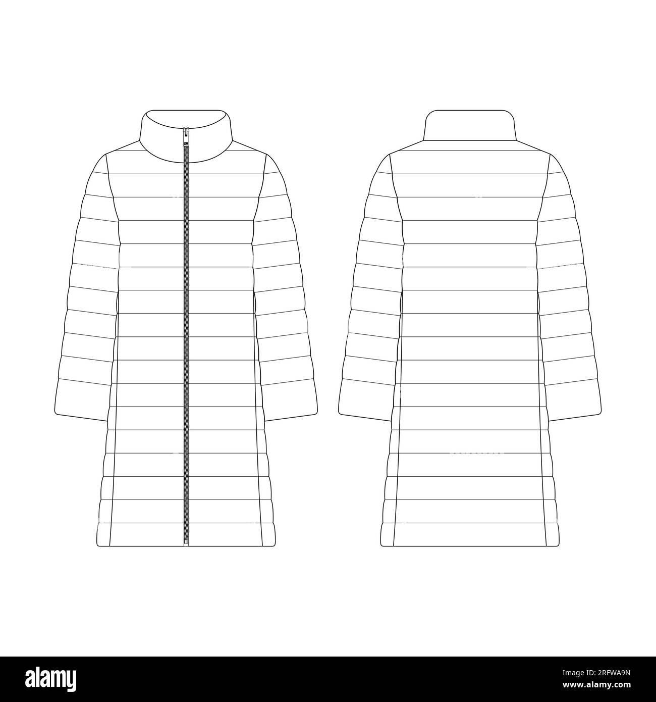 Modello donna piumino illustrazione vettoriale modello piatto delinea la collezione di abbigliamento capispalla Illustrazione Vettoriale