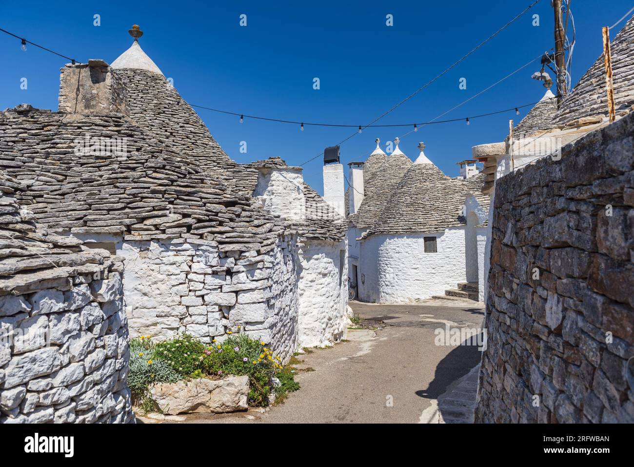 ITALIA, PUGLIA, TRULLIS DEL VILLAGGIO DI ALBEROBELLO, PATRIMONIO MONDIALE DELL'UNESCO. I TRULLI SONO ABITAZIONI IN PIETRA A SECCO. QUESTI SONO ESEMPI NOTEVOLI Foto Stock