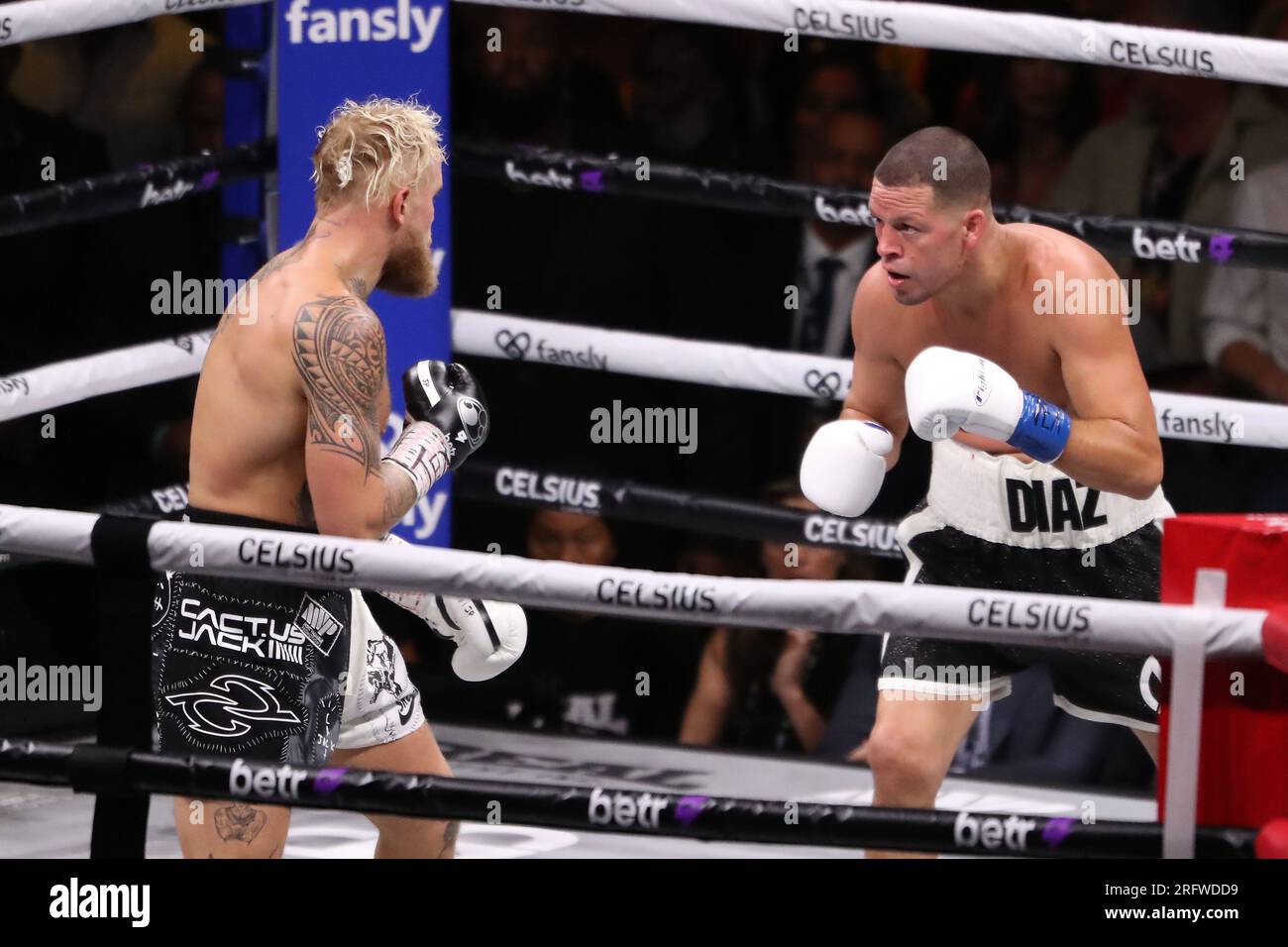 Dallas, Texas, DALLAS, TEXAS, USA. 5 agosto 2023. DALLAS, TEXAS - 5 AGOSTO: (L-R) Jake Paul e Nate Diaz combattono nel Main event di 8 round Cruiserweight match a Paul vs Diaz all'American Airlines Center il 5 agosto 2023 a Dallas, Texas. (Immagine di credito: © Alejandro Salazar/PX Imagens via ZUMA Press Wire) SOLO USO EDITORIALE! Non per USO commerciale! Crediti: ZUMA Press, Inc./Alamy Live News Foto Stock