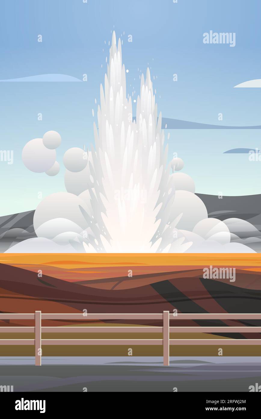 impressionante eruzione di vapore di acqua calda geyser attivo che fuoriesce da una fontana elettrica sotterranea all'aperto Illustrazione Vettoriale