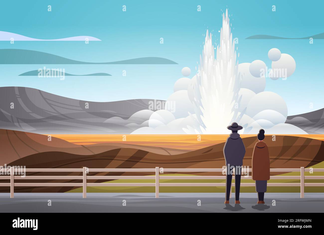 i turisti si avvicinano all'impressionante eruzione di vapore attivo di acqua calda geyser che fuoriesce da una fontana sotterranea all'aperto Illustrazione Vettoriale