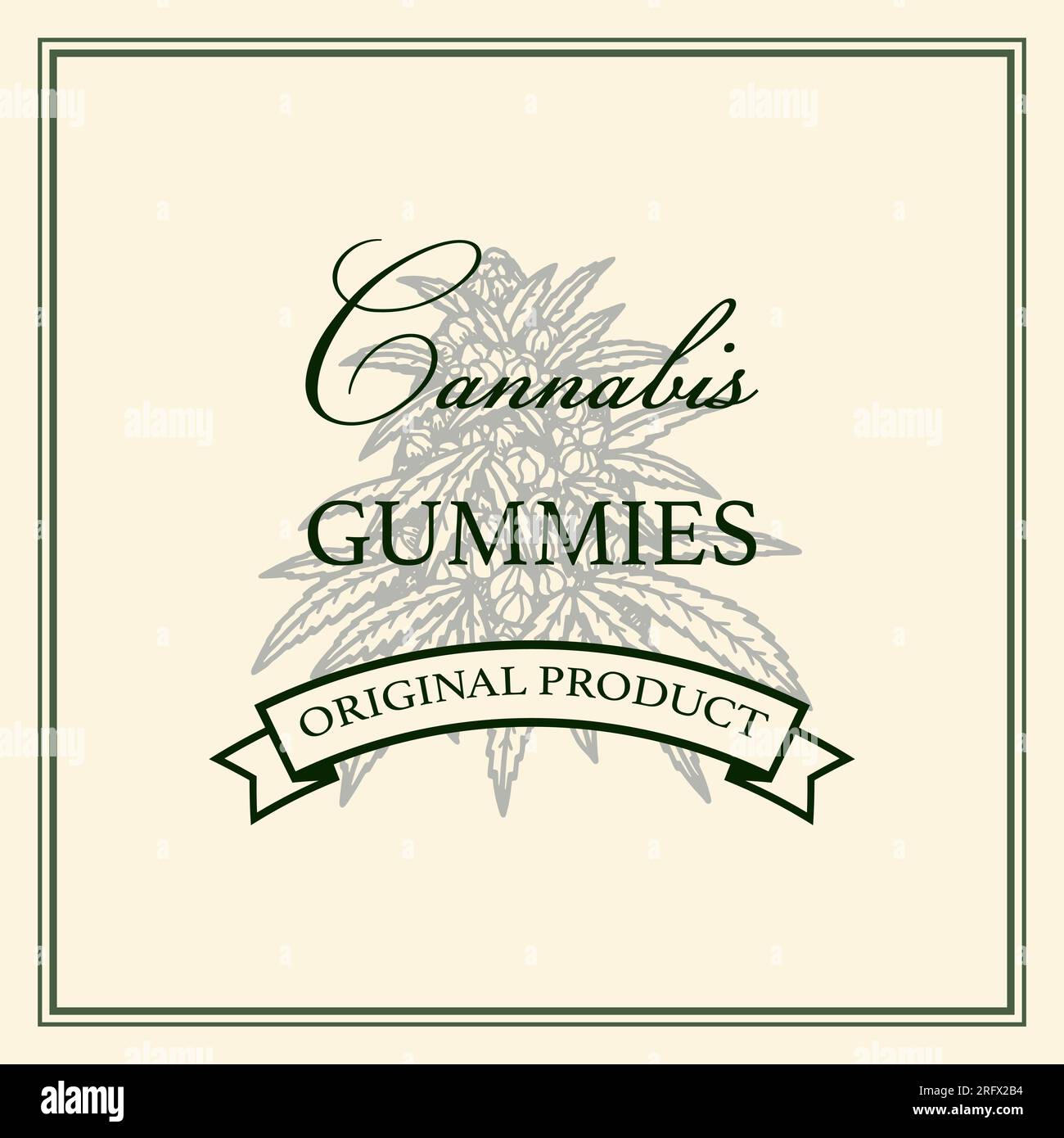Design della confezione di prodotti a base di cannabis. Modello logo marijuana con elementi disegnati a mano. Illustrazione vettoriale nello stile di schizzo Illustrazione Vettoriale