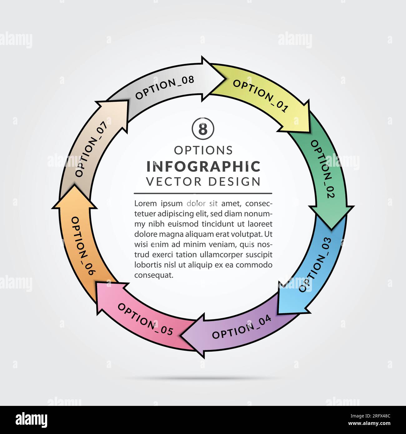 Grafici infografici circolari connessi con 8 opzioni. Modello di progettazione infografica Circle per diagrammi rotondi, grafici, Web design, banner. Illustrazione Vettoriale