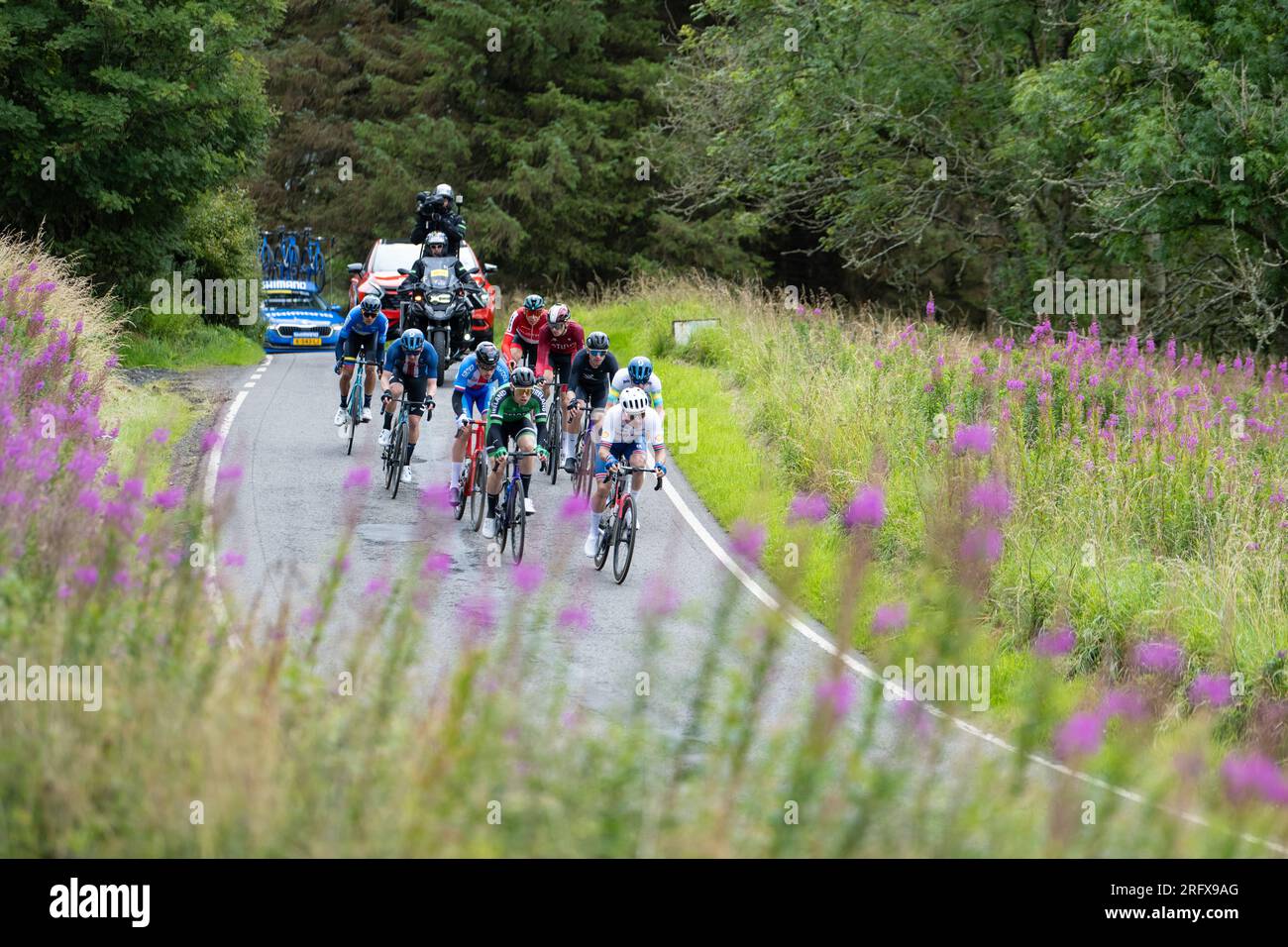 Carron Valley, Scozia, Regno Unito. 6 agosto 2023. UCI Cycling World Championships mens elite Road Race: Attacco gruppo di nove a Carron Valley dopo essere stato riavviato dopo essere stato fermato dai manifestanti Credit: Kay Roxby/Alamy Live News Foto Stock