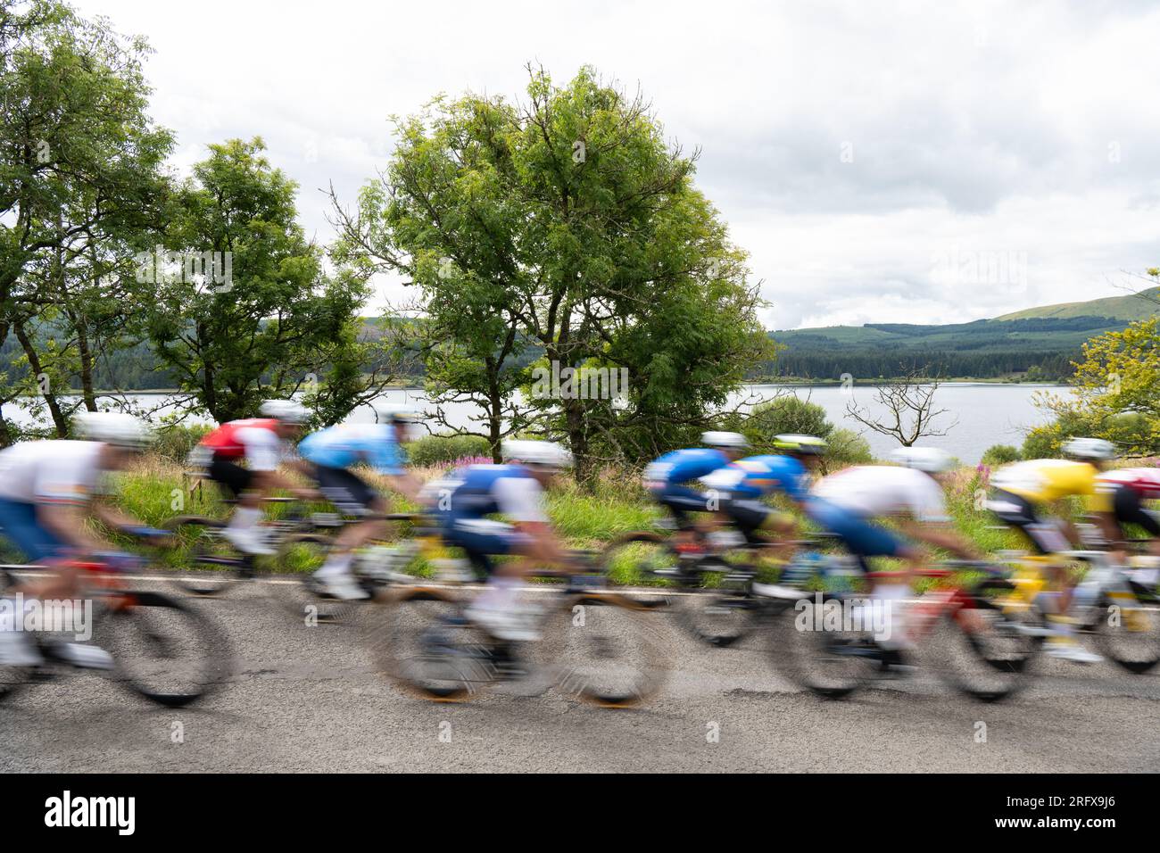 Carron Valley, Scozia, Regno Unito. 6 agosto 2023. UCI Cycling World Championships mens elite Road Race: Il capo del gruppo che passa il serbatoio di Carron Valley poco dopo il riavvio della gara dopo che è stato fermato dai manifestanti credito: Kay Roxby/Alamy Live News Foto Stock