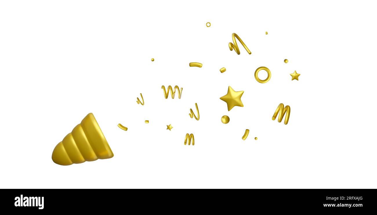 esplosione di popper party in 3d. Firecracker con stelle e spirali di coriandoli dorati volanti. Illustrazione vettoriale isolata su sfondo bianco Illustrazione Vettoriale