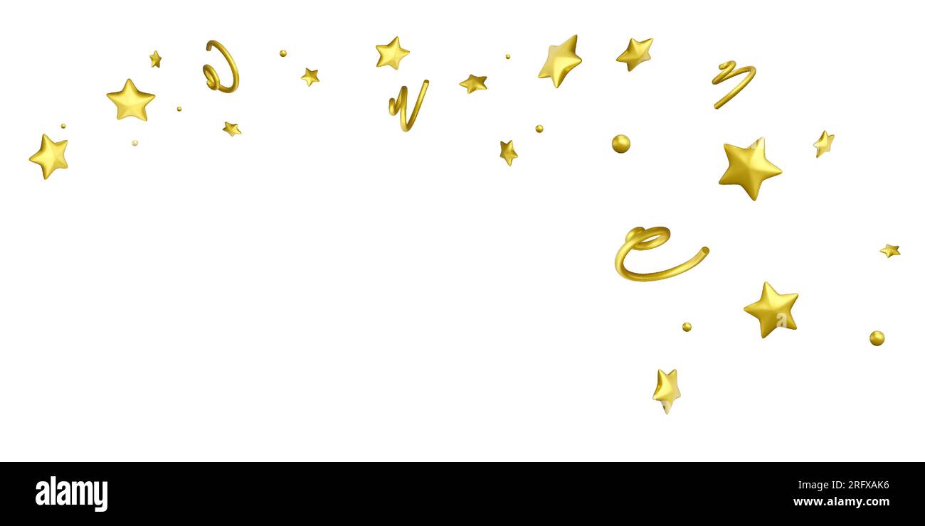 Coriandoli 3D Party con stella, spirali e nastro a serpentina. Elementi decorativi Golden Festive per banner e poster. Festa di compleanno. Vect Illustrazione Vettoriale