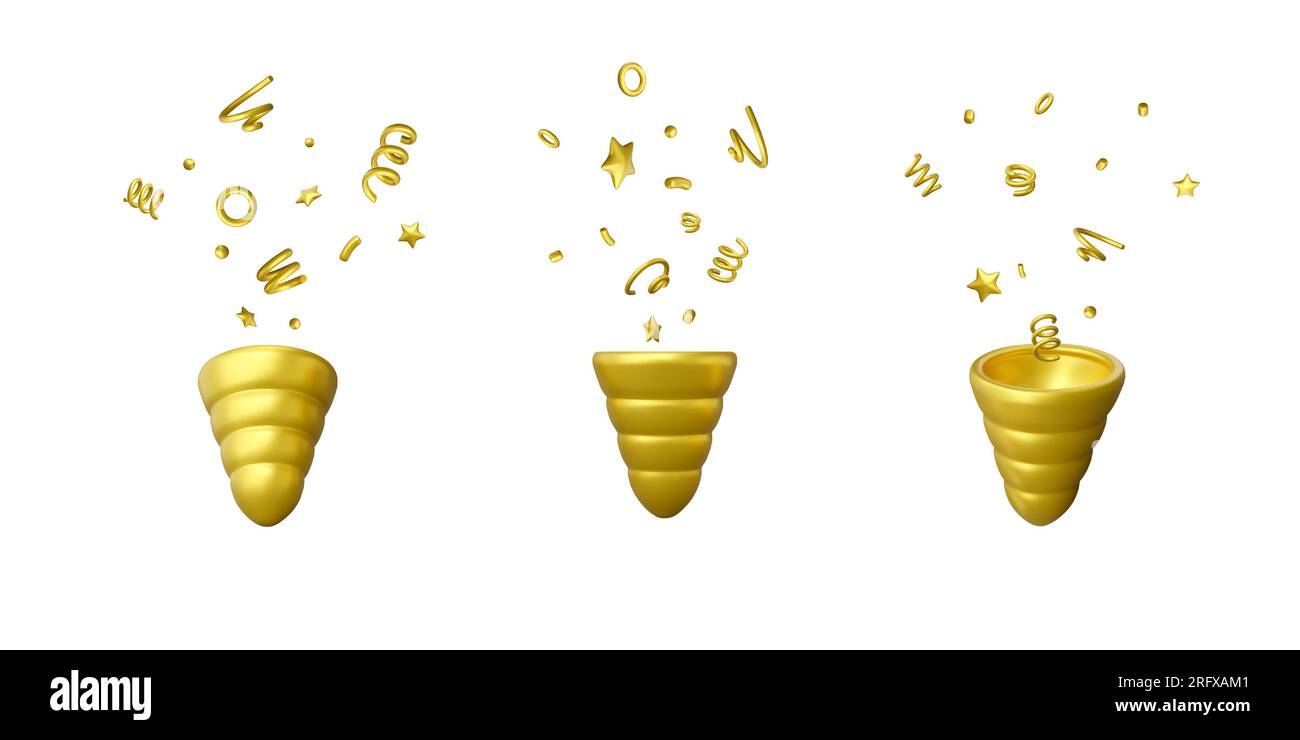 Set di rendering 3D dei cartoni animati di popper party d'oro. Firecracker con stelle di coriandoli volanti, spirali e nastri. Illustrazione vettoriale isolata su bianco Illustrazione Vettoriale