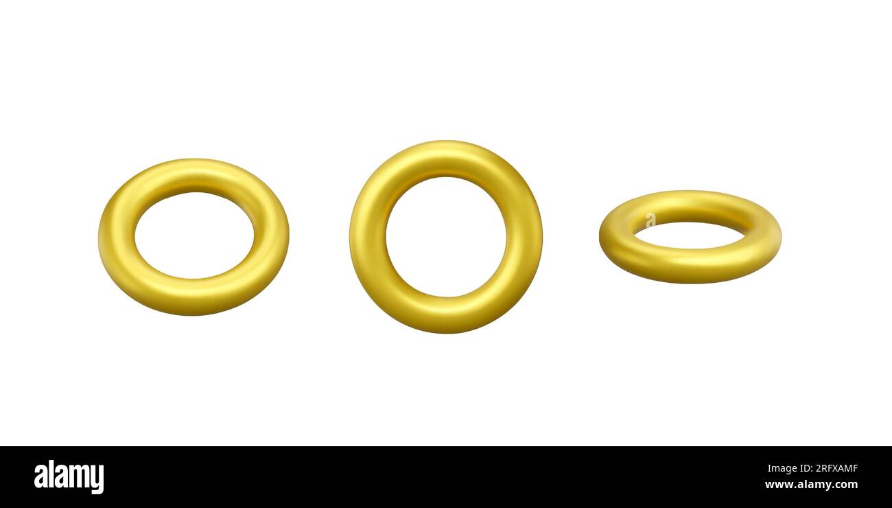 Toro metallico dorato. Set di oggetti torus 3D. Ciambelle forme geometriche realistiche. Elemento decorativo dorato. Illustrazione vettoriale isolata su cui Illustrazione Vettoriale