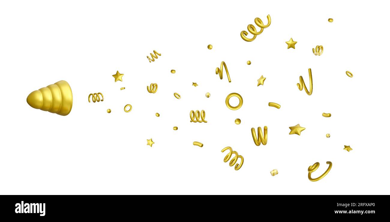 pop party 3D. Esplosione del cracker a cono dorato. Coriandoli con stelle, nastri e scintillanti. Illustrazione vettoriale isolata su bianco Illustrazione Vettoriale