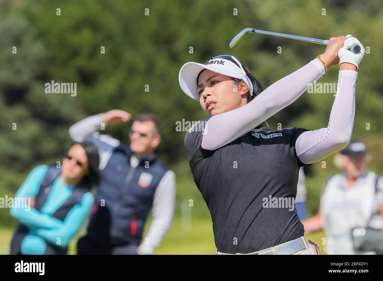 Irvine, Regno Unito. 6 agosto 2023. Il quarto e ultimo giorno del torneo femminile Scottish Open Golf presso il Dundonald Links Golf Course, Irvine, Ayrshire, Scozia, Regno Unito, I protagonisti, MAJA STARK, dalla Svezia, PATTY TAVATANAKIT dalla Thailandia e CELINE BOUTIER, dalla Francia, continuano a dominare il campo. Crediti: Findlay/Alamy Live News Foto Stock