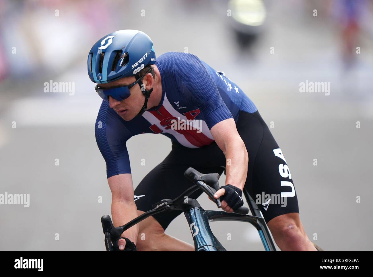 Kevin Vermaerke, negli Stati Uniti, durante la gara maschile Elite Road Race, il quarto giorno dei Campionati del mondo di ciclismo UCI 2023 a Glasgow. Data foto: Domenica 6 agosto 2023. Foto Stock